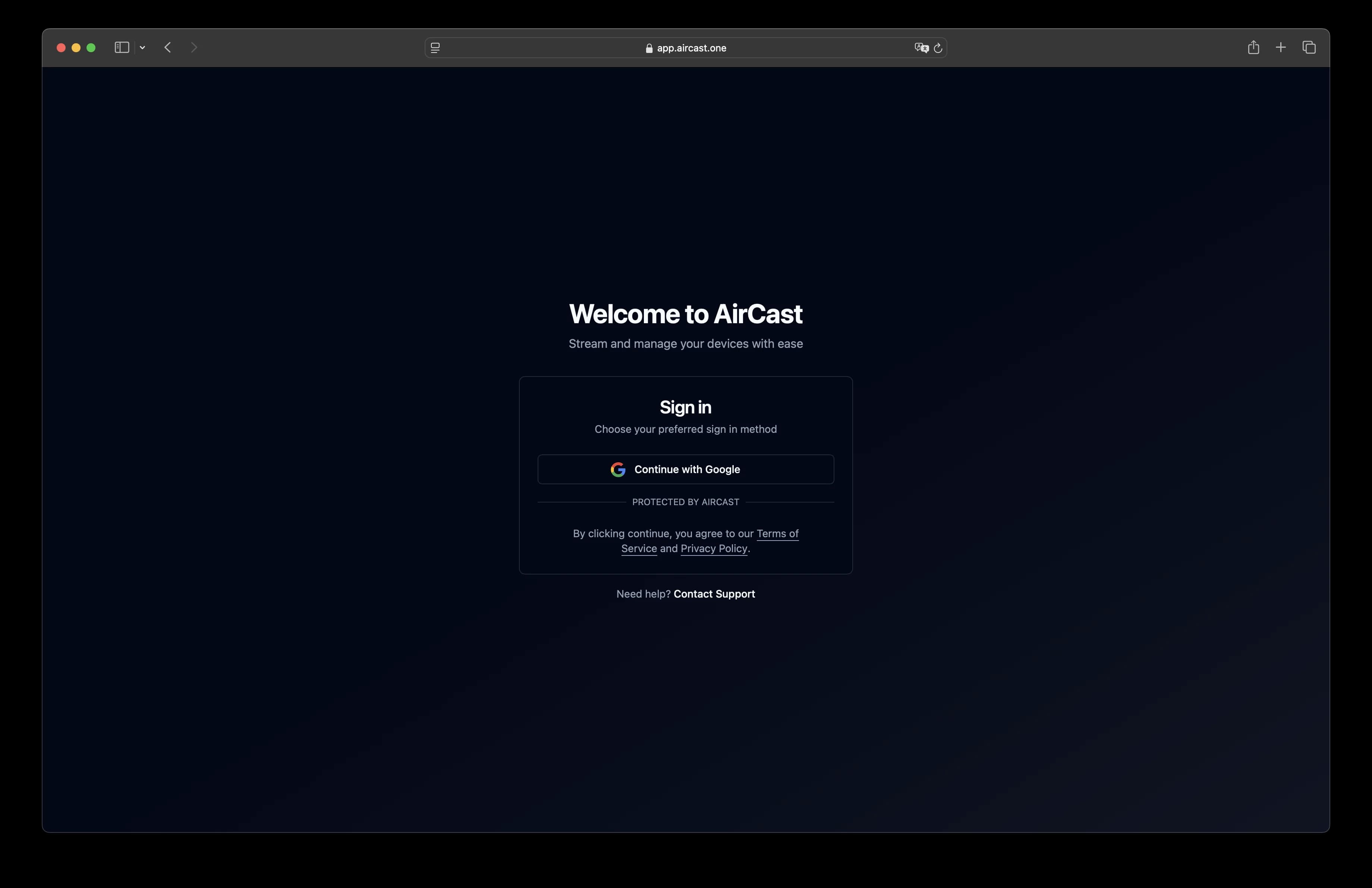 Initial AirCast sign-in verification page